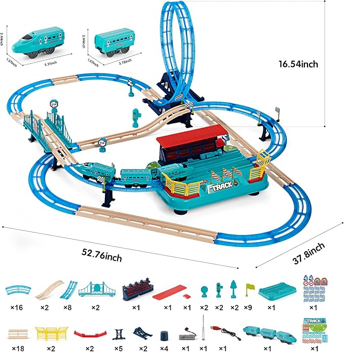 Electric Train Sets, Christmas Trains Toys Rail Head, Passenger Carriages, Tracks, Light & Sounds Rechargeable 360° Transformed DIY Train Track Set Birthday Gifts for Boys Girls