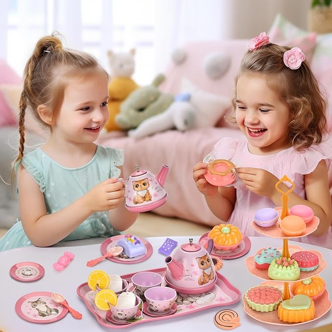 Cat Tea Party Set for Little Girls - Pretend Play Toy, Birthday Gift for Toddlers Ages 3 4 5 6 Year Old, Includes Kitten Tin Tea Set, Desserts, and Carrying Case, Cat Design