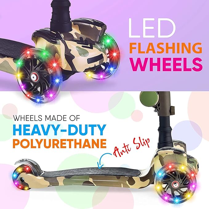 Hurtle 3-Wheeled Scooter for Kids - Wheel LED Lights, Adjustable Lean-to-Steer Handlebar, and Foldable Seat - Sit or Stand Ride with Brake for Boys and Girls Ages 1-14 Years Old