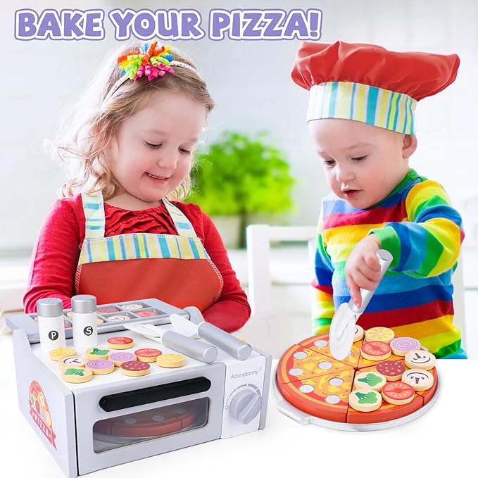 Wooden Pizza Toy for Kids, Toddlers Pizza Counter Playset, Pretend Play Food Set Kitchen Accessories with Bake Oven, Gifts for 3 4 5 6 Years Old Boys Girls