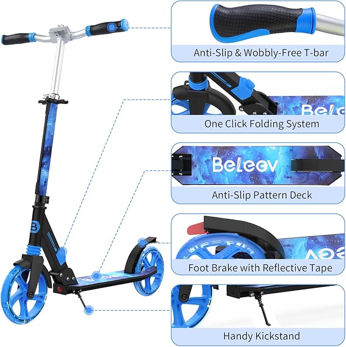 BELEEV V8 Scooters for Kids Ages 6+ with Light-Up Deck, 2 Wheel Folding Scooter for Adults Teens, 4 Adjustable Height, Lightweight Sport Commuter Scooter, Sturdy Frame, Max Load 220 lbs