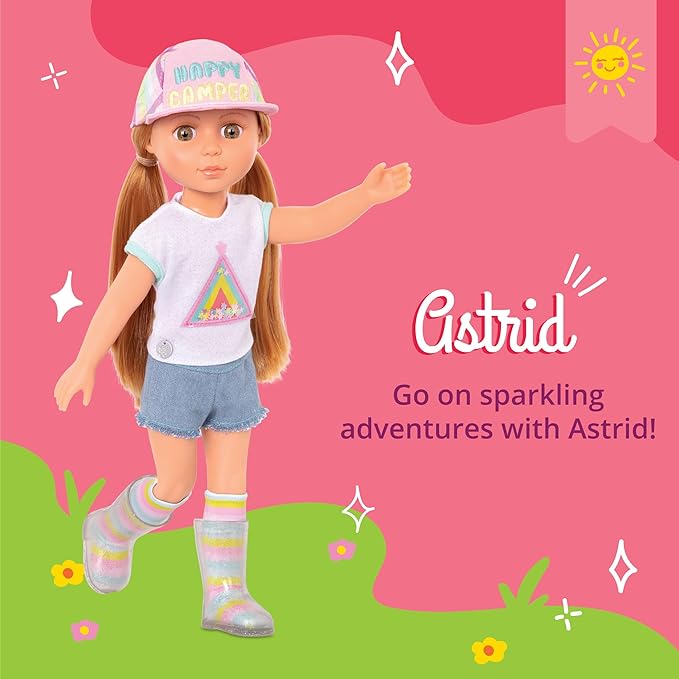 Glitter Girls – 14-Inch Doll Astrid – Poseable Arms & Legs – Light Red Hair & Hazel Eyes – Camping Outfit, Matching Cap, and Glitter Boots – 3 Years + – Astrid
