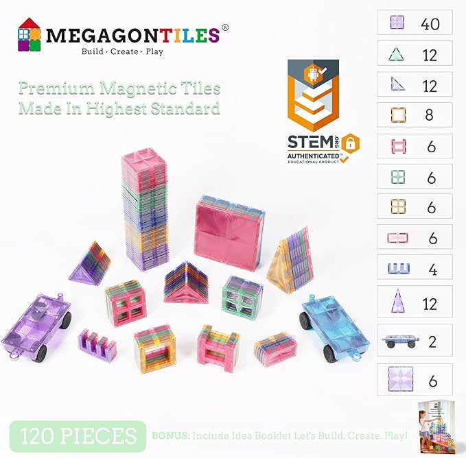 120PCS Premium MagneticTiles, Magnet Tiles, STEM AUTHENTICATED, Magnetic Blocks, Magnet Tiles, Magnetic Building Blocks, Magnets for Kids, MagneticTile Toy Boys Girls Age 3 4 5 6 7 8