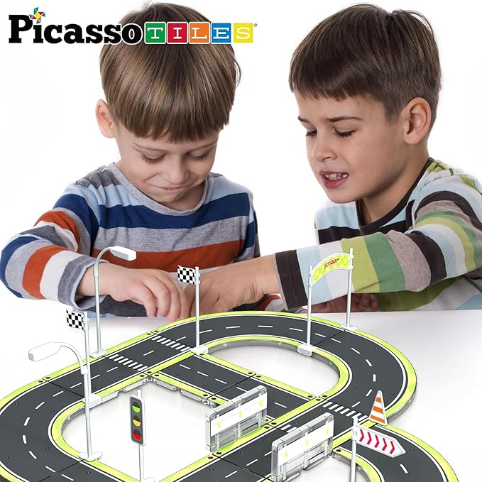 PicassoTiles Magnet Tile Building Block Construction Toy Set Street Sign Traffic Kit Highway Road Race Track with Bumper Barricade Accessory Sticker Education Magnetic Tiles Kids Age 3+ PTR03