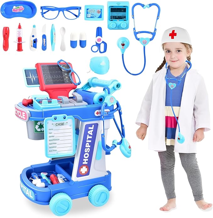 Doctor Kit for Toddlers 1-3-5 Doctors Costume for Kids Dentist Play Set Medical Set Dr Play Set Kids DR Kit Kid Dr Cart Kit Pretend Play Toys for 3 4 5 Years Old Girls