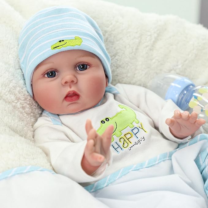 SCOM Lifelike Reborn Baby Dolls - 22 inch Realistic Baby Toddler Dolls Soft Cloth Body Vinyl Limbs, with Clothes and Doll Accessories Gifts for Kids Age 3+ (Blue&Blanket)
