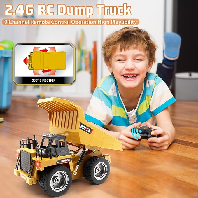 fisca Remote Control Dump Truck 2.4Ghz 4WD RC Truck 6 Channel Mine Construction Vehicle Toy Machine Model with LED Light and Metal Cab for Kids