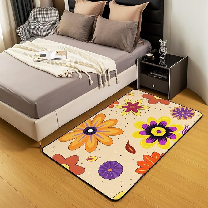Erosebridal Groovy Flower Power Area Rug 3x5 for Girls,Hippie Aesthetic Vintage Floral Carpet Abstract Geometric Garden Flowers Decorative Rug Psychedelic Hippy Gold Non Slip Rug for Bedroom