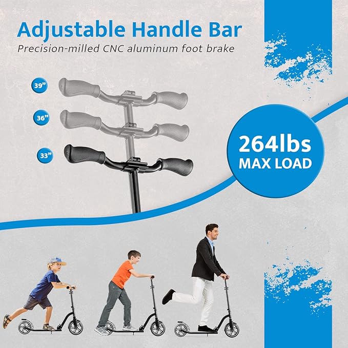 LaScoota Kick Scooter for Kids Ages 6+, Teens & Adults, Large 8" Sturdy Urethane Wheels. Adjustable Handlebar, Lightweight, Foldable, 220lbs Max Load