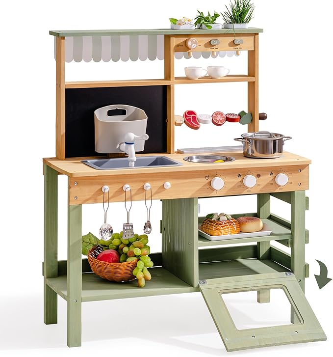 ROBUD Mud Kitchen for Kids Outdoor, Solid Wood Outdoor Play Kitchen, Green Kids Mud Kitchen with Barbecue Grill， Removable Sink & Faucet, Monteeori Toys for Children Ages 3+, WH003