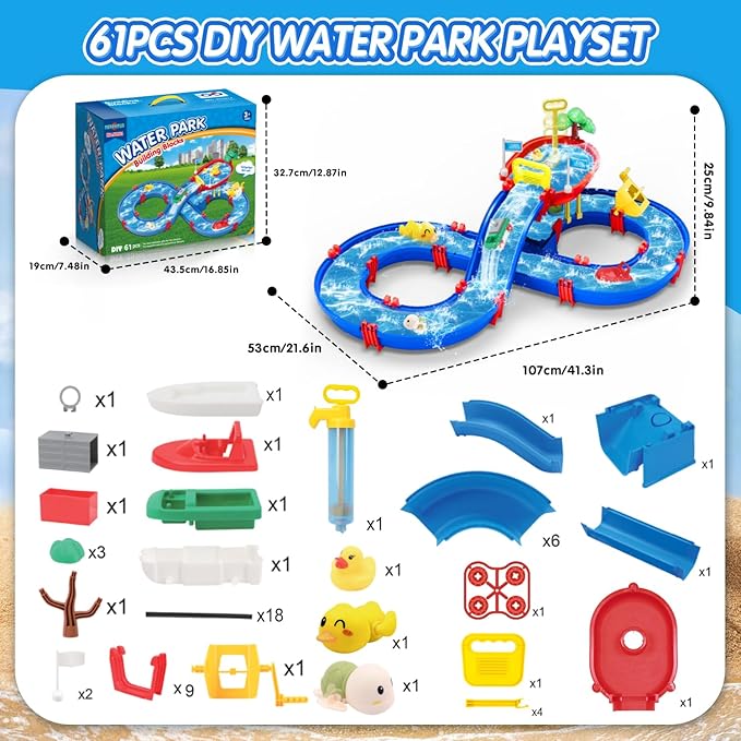 2-Tier Water Table Toys for Kids,61PCS Water Park Playset with Pump,Summer Water Toys Waterways for Backyard Beach Pool Lawn,Outdoor Toy for Toddlers 3-5 4-8, Gifts for Boys Girls
