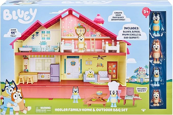 Bluey Mega Bundle Family Home & BBQ Playset – Amazon Exclusive, 4 Figures (Bluey, Bingo, Bandit, Chilli), 13+ Removable Furniture Pieces, Outdoor Patio, Accessories, Imaginative Playset for Kids 3+