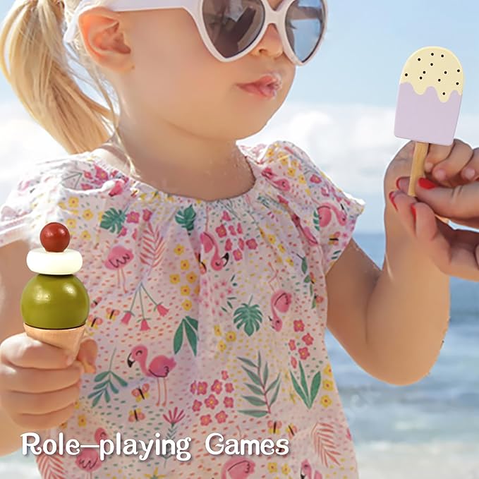 Wooden Ice Cream Toy, Pretend Play Food Toys, Ice Cream Counter Set for Kids, Kitchen Accessories for Toddlers Girls Boys Ages 3+
