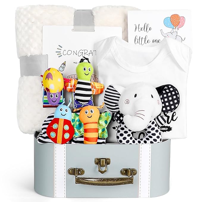 Baby Gift Set, Baby Shower Gifts, Black and White High Contrast Baby Toys 0-6 Months for Newborn Essentials Infant Rattle Socks Elephant Toys Blanket Onesies Baby Gift Basket for Girls Boys