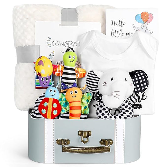 Baby Gift Set, Baby Shower Gifts, Black and White High Contrast Baby Toys 0-6 Months for Newborn Essentials Infant Rattle Socks Elephant Toys Blanket Onesies Baby Gift Basket for Girls Boys