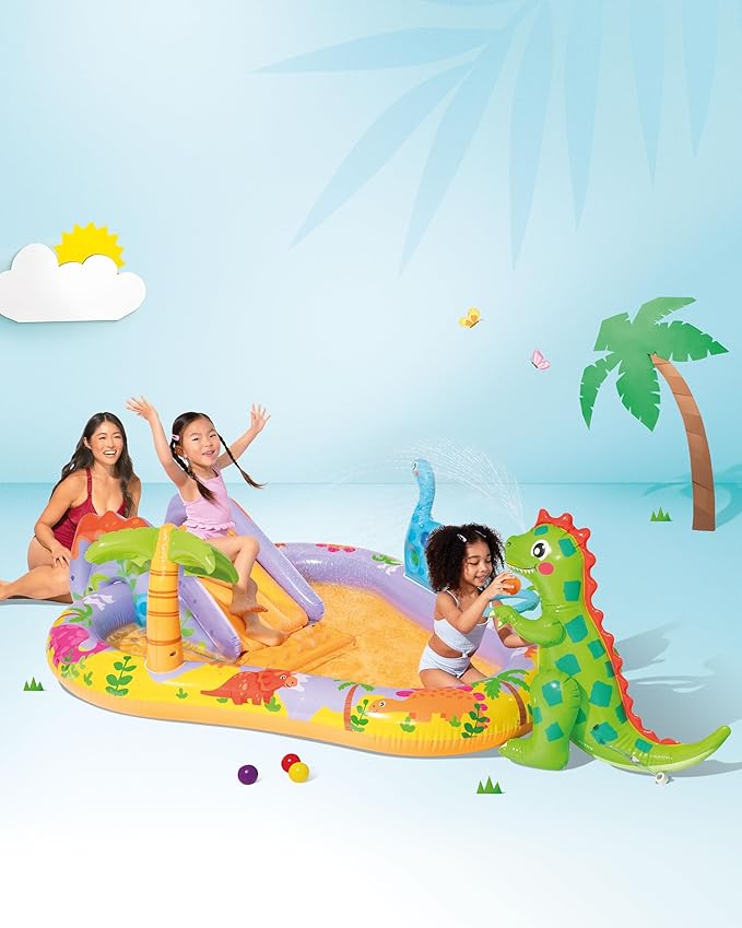INTEX 56139EP Dino Park Inflatable Kiddie Pool: Inflatable Kids Pool with Water Sprayer and Slide – Splash Pad – 79" x 62" x 27" – Ages 3+