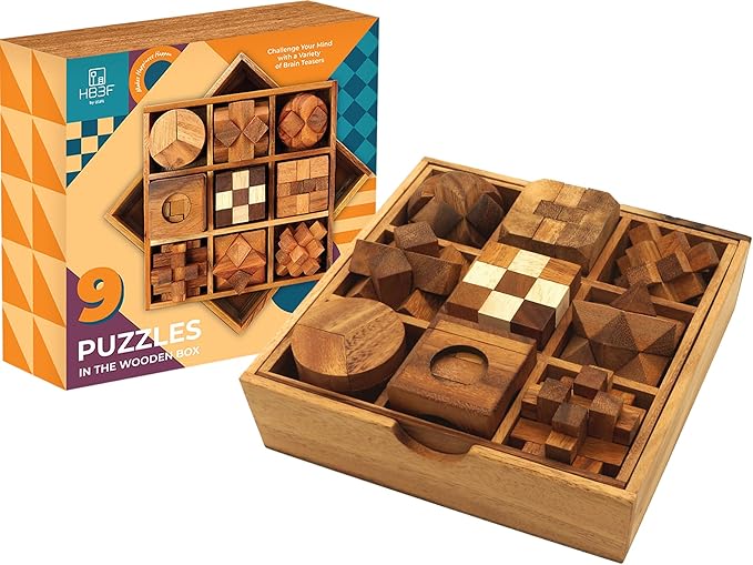 BSIRI 9 in 1 Wooden Brain Teaser Puzzles for Adults Teens and Kids Box Set for All Ages Wood Hard Level 10 Impossible Mind Games 3D Puzzle Sets for Decoration and Mini Toys.