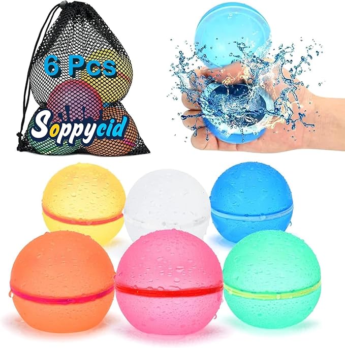 98K Reusable Water Balloons 6Pcs with Mesh Bag, Self Sealing Silicone Ball Latex-Free, No Clean Hassle, Easy to Fill, Summer Water Toys Swimming Pool Beach Park Yard Outdoor Games Party Supplies