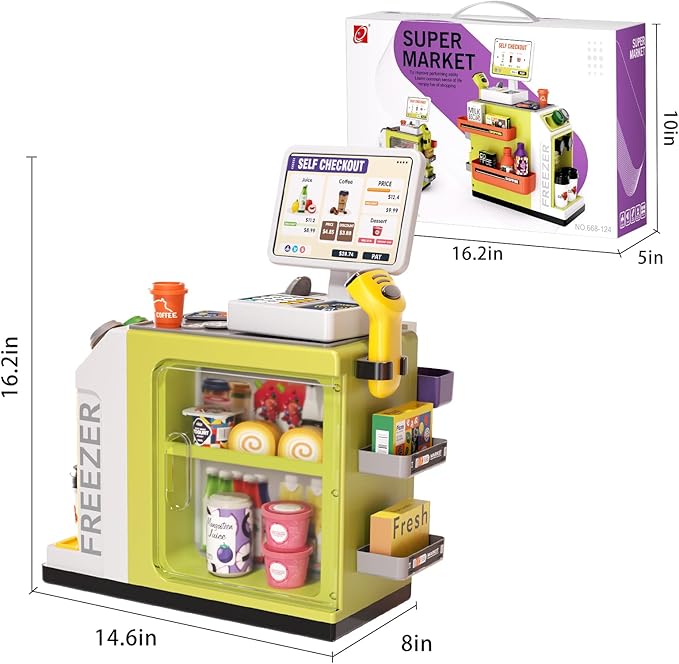 48-Piece Pretend Play Cash Register Toy Set with Water Outlet Function - Calculator, Shopping Bag, Scanners, Credit Cards, Coffee Machine, Play Food - Gift for Boys and Girls Ages 3+ (Green)