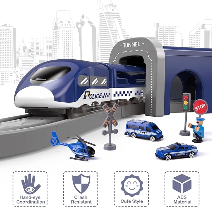 Train Sets for Toddlers, 66 Pcs Trains Toy with Battery Operated & Tracks (Magnetic Connection), Compatible with Thomas, Brio, Christmas Toy Gifts for 3 4 5 6 7 8 Years Old (Police)