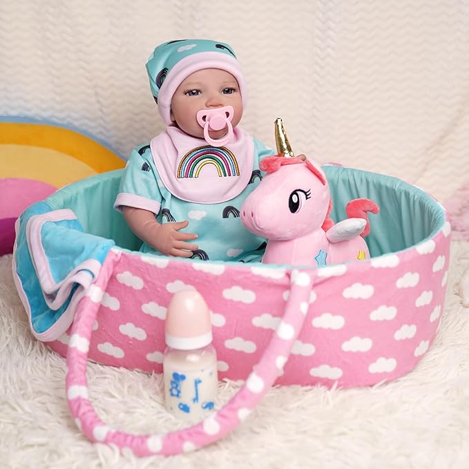 BABESIDE 8 Pcs Reborn Baby Doll Accessories with Bassinet for 17-22 Inch Baby Dolls, Babies Doll Clothes Outfit Accessories fit Reborn Doll Newborn Boy