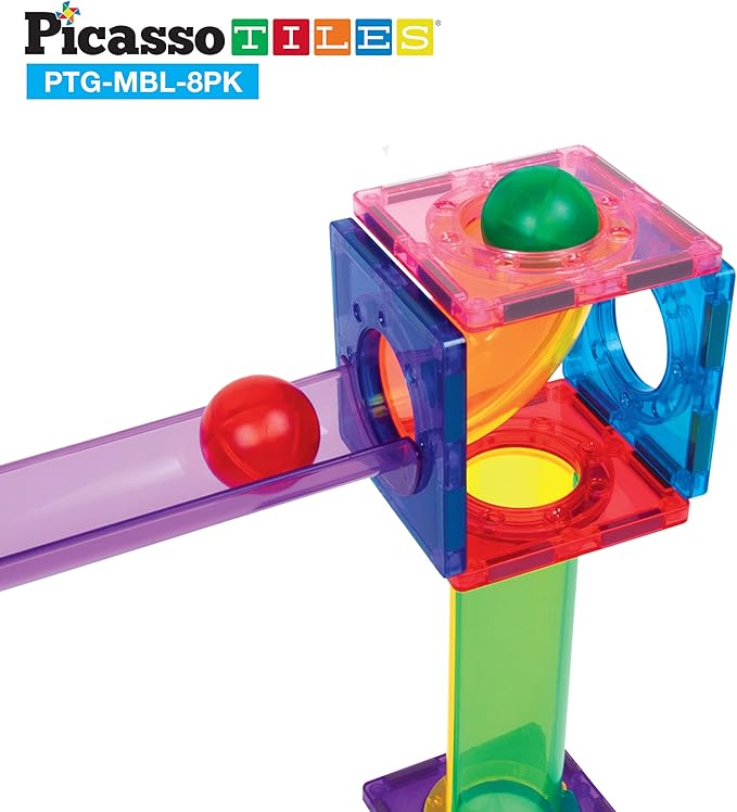 PicassoTiles 8pc Marbles for Magnetic Block Tiles Marble Run Race Track Magnet Building Tile Blocks Racetrack Maze Construction Toys Creative Toy Girls Boys 3 and Up Early Education STEM Learning Kit