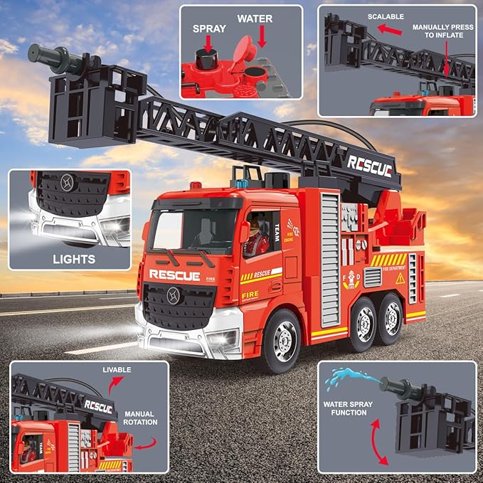 Remote Control Fire Truck, RC Fire Truck Toy Set, 2 Firetruck with Fire Extinguisher, 2 Dolls, 4 Traffic Cones, Lights, Sounds, Extendable Rescue Ladder, Firetruck Toy for Boys Kids