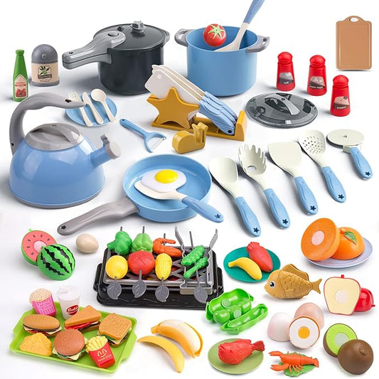 105Pcs Kids Kitchen Toy Accessories, Toddler Pretend BBQ Camping Cooking Playset, Play Pots, Pans, Utensils Cookware Toys, Play Food Set, Vegetables, Learning Gift for Girls Boys