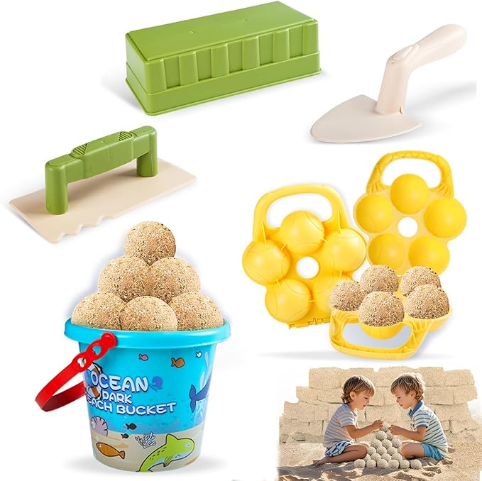 Beach Toys, 6 Piece Kids Indoor Outdoor Play Set with Bucket, Brick Mold, Sandball Maker, Beach Chases Travel Sand Toys for Ages 3-8, Sand Castle Building kit Backyard Fun