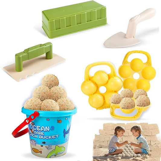Beach Toys, 6 Piece Kids Indoor Outdoor Play Set with Bucket, Brick Mold, Sandball Maker, Beach Chases Travel Sand Toys for Ages 3-8, Sand Castle Building kit Backyard Fun