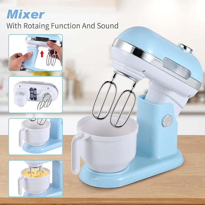 Pretend Play Kitchen Appliances Toy Set with Coffee Maker Machine, Mixer and Toaster, Play Kitchen Accessories with Sound & Light Birthday Gifts for Kids Age 3+ Boys and Girls