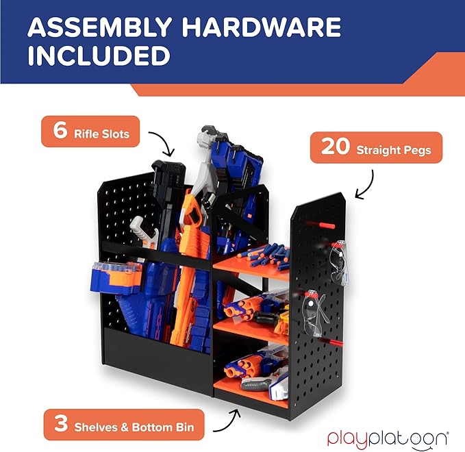 Play Platoon Storage Rack for Nerf Gun Storage & Nerf Accessories, Sturdy Wood Construction, Dart Holder & 6 Gun Holder for Wall with Pegboard Wall Organizer, Includes 20 Pegs