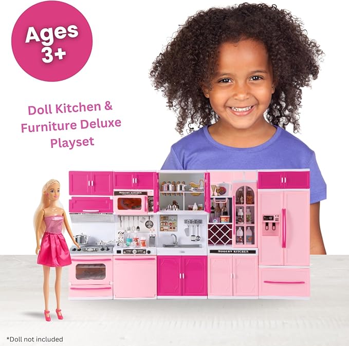 Doll Kitchen Playset for Kids, My Modern Mini Kitchen House Furniture Pretend Play Toy Accessories Set with Realistic Lights & Sounds for Toddlers, Girls (5-in-1 Kitchen Set)