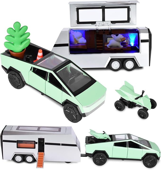 3-in-1 Cybertruck Pickup Sets with RV and Motorcycle，Cyber Truck Pickup Toy with Sounds and Lights, 1/32 Diecast Truck for Kids 3 Year Old and Up, Christmas Birthday Gifts for Boys Girls (Green)
