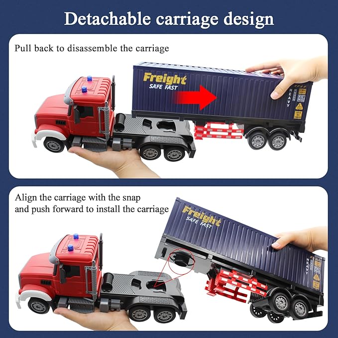Mostop RC Semi Truck with Trailer - 22.5 Inch Remote Control Semi Truck Toy for Kids, 1:24 Scale Container Truck with 2 Batteries, Carrier Van Transport Vehicle with LED Light & Music,Great Gift