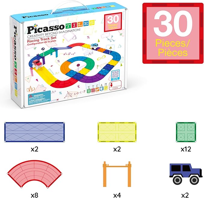 PicassoTiles Magnetic Race Track Toys Car Tracks Set for Toddlers Magnet Building Blocks Tiles Sensory Toys for Kids Include 2 Trucks STEM Engage in Thrilling Races Age 3+ Year Old Boys Girls