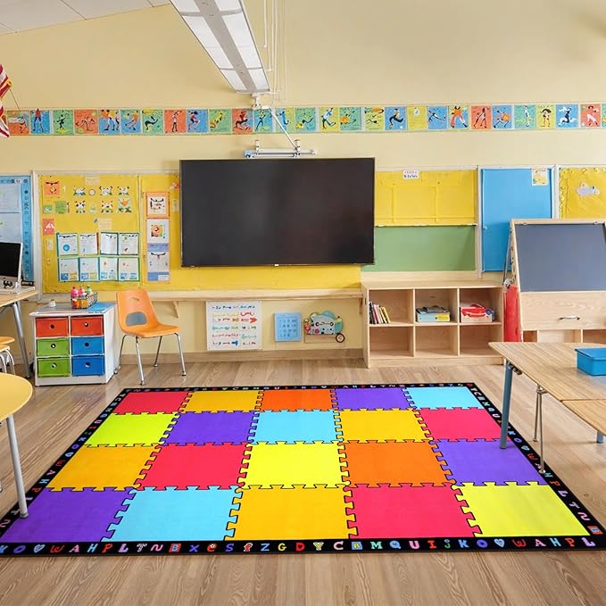 LIVEBOX Classroom Rugs Elementary for Kids, Washable School Learning Area Rugs, Colorful Preschool Children's Classroom Carpet Non-Slip Playroom Rug for Home Learning, 6'x9'(Seats-20)