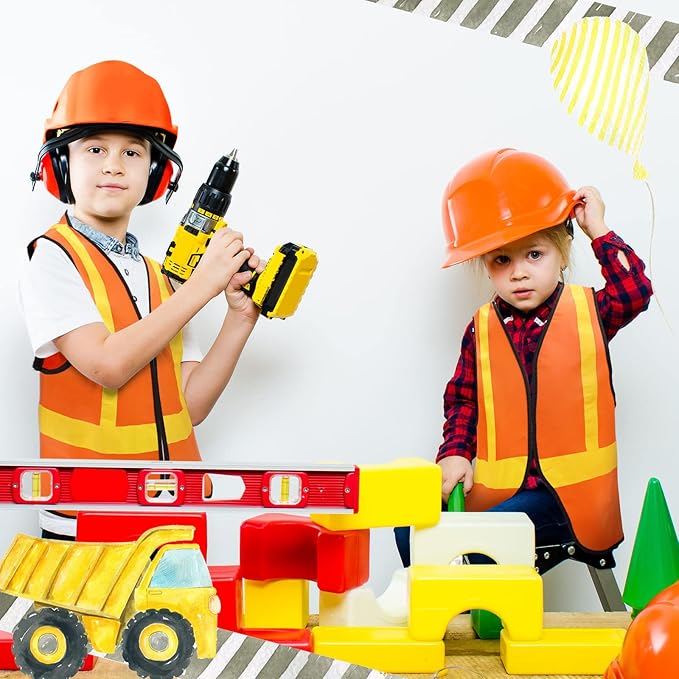 Bokon 24 Pcs Kids Construction Vest Kids Orange Safety Vest Children Construction Dressing Up Supplies for Construction Worker Costume Role Play Construction Party Birthday Party Supplies