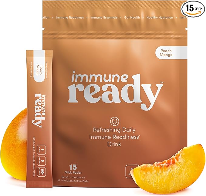 Immune Ready™ Immunity Boost Drink Mix with Vitamin C, D3, Zinc Picolinate, Inulin, Beta Glucan & Electrolytes - Delicious & Refreshing Sugar-Free Immune Booster - Peach-Mango Flavored - 15 Servings
