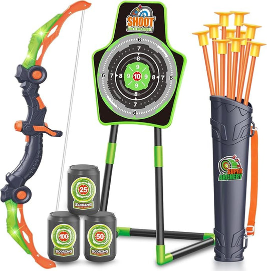 SpringFlower Bow and Arrow Toys for Kids, Archery Set Includes Super Bow with LED Lights, 10 Suction Cups Arrows,Archery Set with Standing Target and 3 Target Cans for Boys and Girls