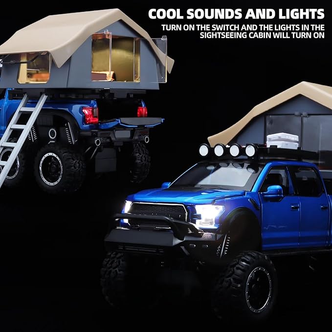 Toy Trucks for Boys Age 4-7,Trucks for Kids F150 Diecast Truck,Model F150 Pickup Truck with Sightseeing Cabin,Pull Back Cars with Light and Sound,Trucks for Kids Ages 4-8（Blue）