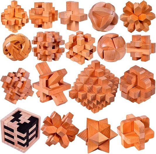 18 Pack Wooden Brain Teaser Puzzles Wooden Burr Puzzles Brain Teaser Puzzle with Gift Packing Box Magic Puzzle Games Toys for Kids and Adults by AHYUAN (Natural Wood)