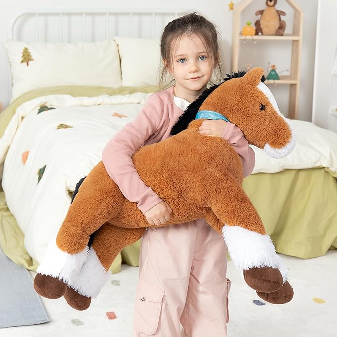 MaoGoLan Large Horse Plush Stuffed Animal, Big Horse Plush Toy, Stuffed Foal Toy, Ridable Pony Plush Pillow for Kids Girls 33 inches Tan