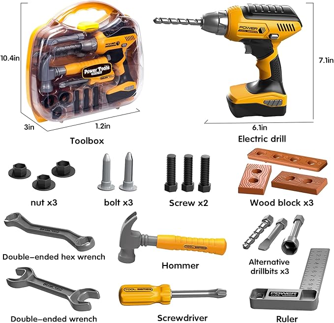 Kids Tool Set with Tool Box & Electronic Toy Drill, Pretend Play Kids Construction Kits, Toy Tools for Toddlers 3-5, Kids Tool Sets for Boys Ages 4-6
