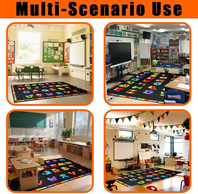 13'x7'7'' ABC Classroom Rug Black, Preschool Rugs for Classroom, Large Daycare Rugs for School, Carpets for Kids Classroom Rugs Elementary