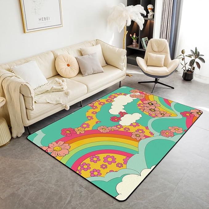 Groovy Rainbow 4x5 Rug for Girls,Groovy Power Floral Carpet Teen Women Retro 60S 70S Hippy Area Rug Colorful Blossom Clouds Psychedelic Non Slip Decorative Rug for Living Room