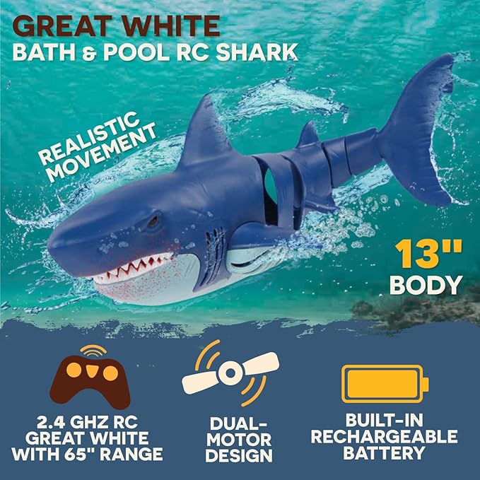Terra by Battat – Remote Control Shark – Bath & Pool Shark Toy – Water Toys – Electronic Great White – 6 Years + – Great White