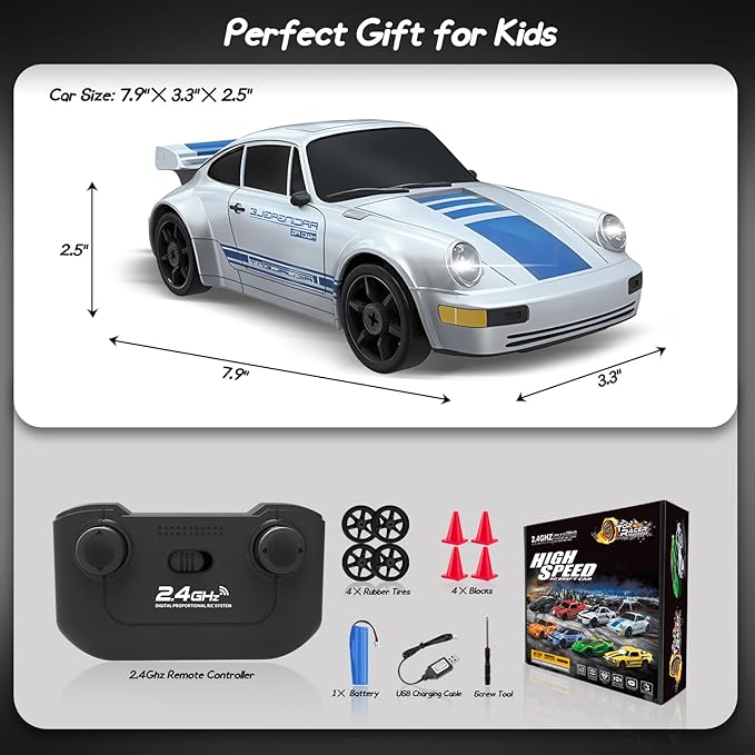 Remote Control RC Car for Boys - 1/24 2.4GHz 4WD Racing Drift Car With Lights, Rechargeable Battery, and Drift Tires - Silver Hobby Toy for Kids, Xmas Gift