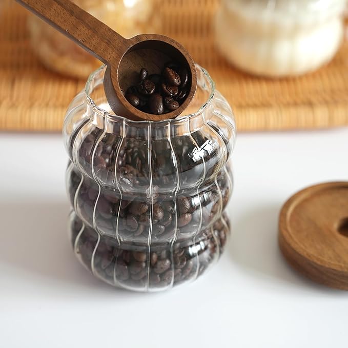 Glass Jar with Wood Lid Cute Decorative Glass Jars Canisters for Nut Coffee Sugur Glass Storage Jar Sets of 3 Size Clear Strip for Kitchen Storage Decor Gift for Christmas (12/20 /27oz)