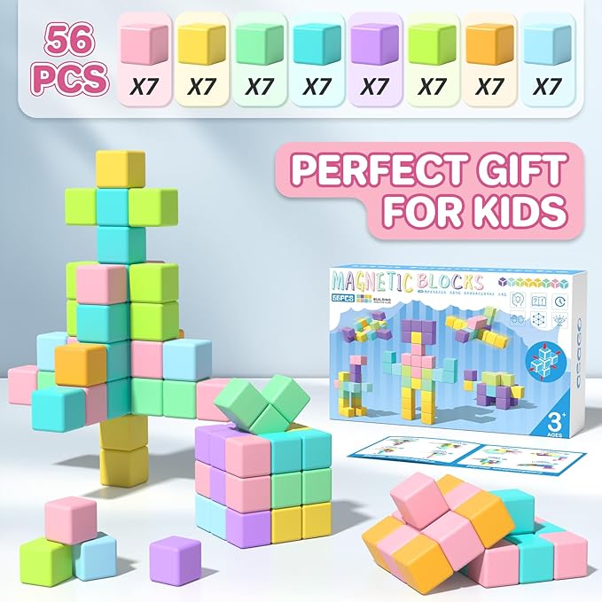 1.34 inch 56PCS Magnetic Blocks for Toddlers 4-8 Large Macaron Magnet Building Cubes for Kids Ages 3-5 Stem Preschool Stack Construction Educational Toys for 3+ Years Old Boys Girls